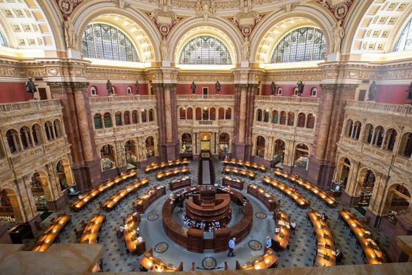 Interior of the Library of Congress with huge shelves of books