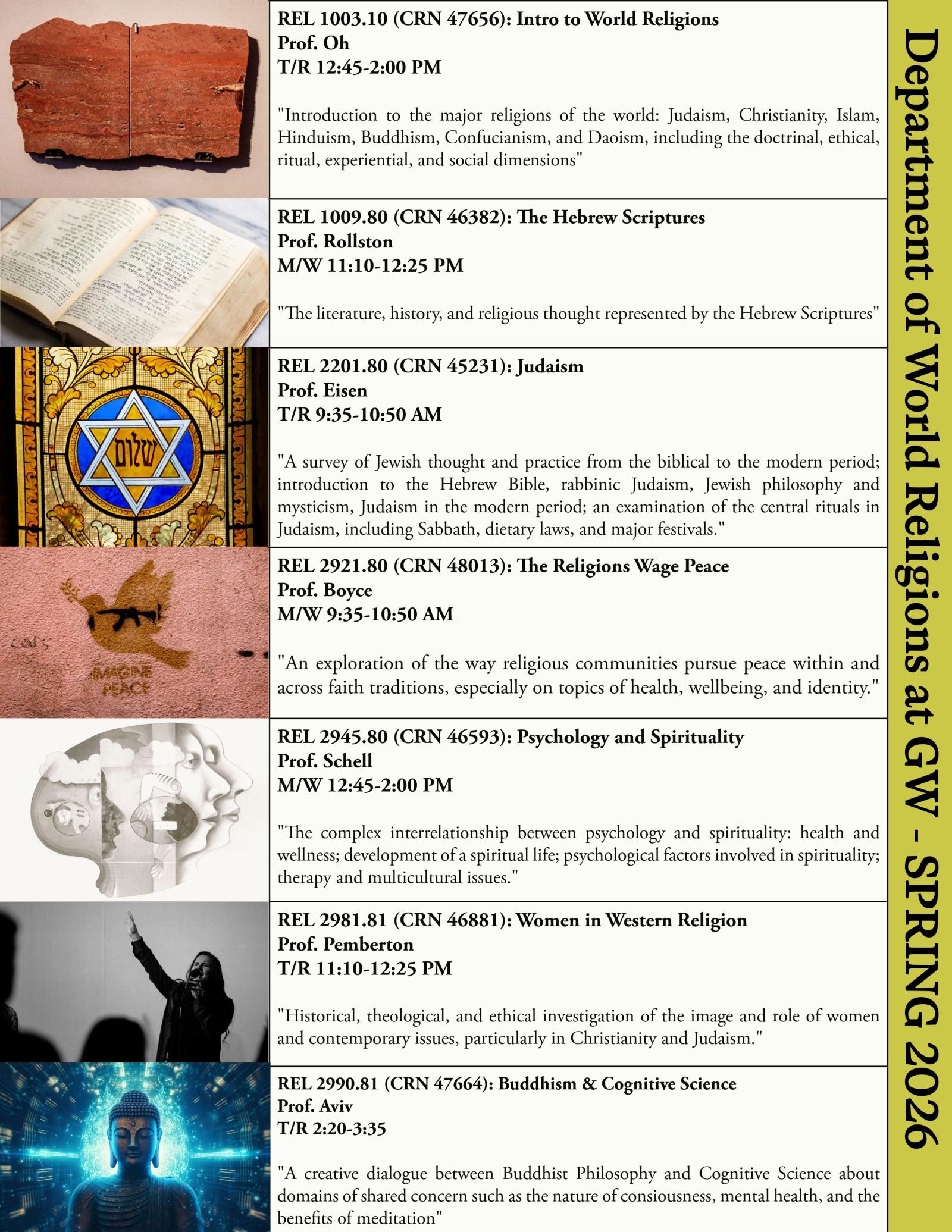 Image and description of all Spring 2026 courses in REL